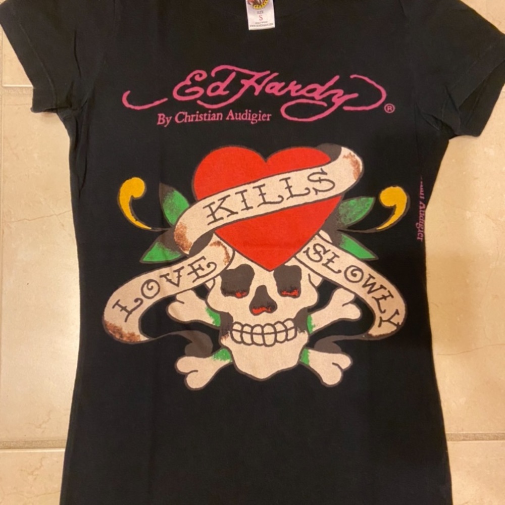 RARE Ed hardy love kills slowly skull heart shirt